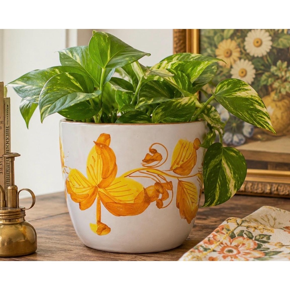 Vintage Italian Hand Painted Floral Ceramic Planter Cache Pot Yellow